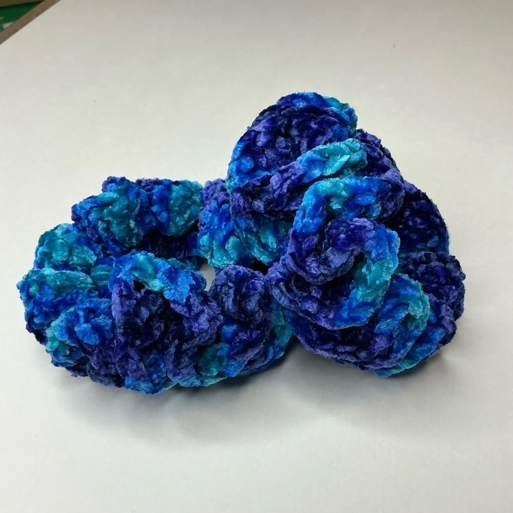 Crochet Scrunchie Oversized Hair Tie Set of 2 Blue Plush Crushed Velvet Handmade